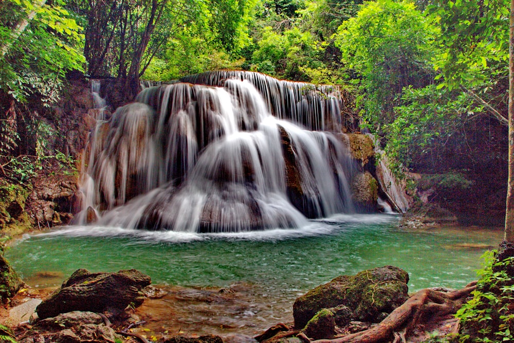 waterfalls beside green trees at daytime