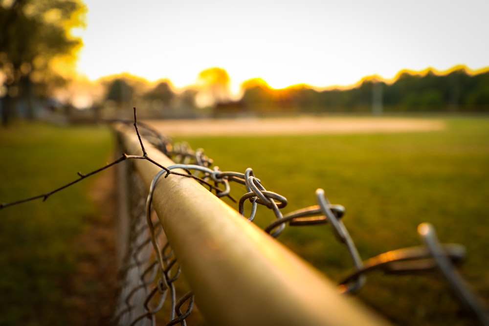 gray metal bars chain fence on green field