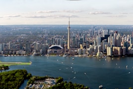gray buildings near body of water in aerial photo