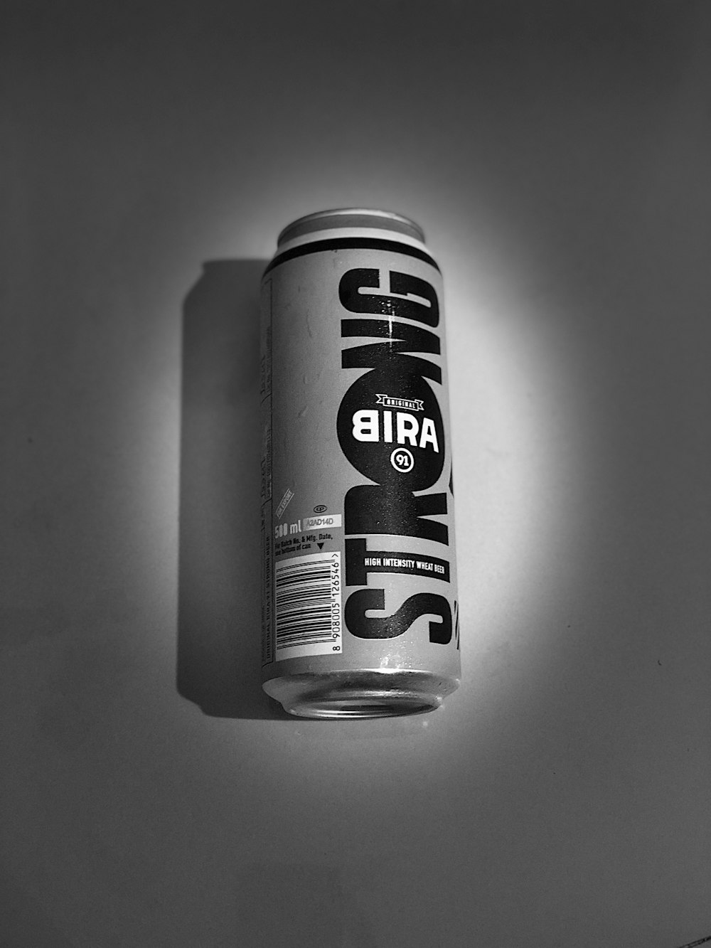 Strong Bira can grayscale photo