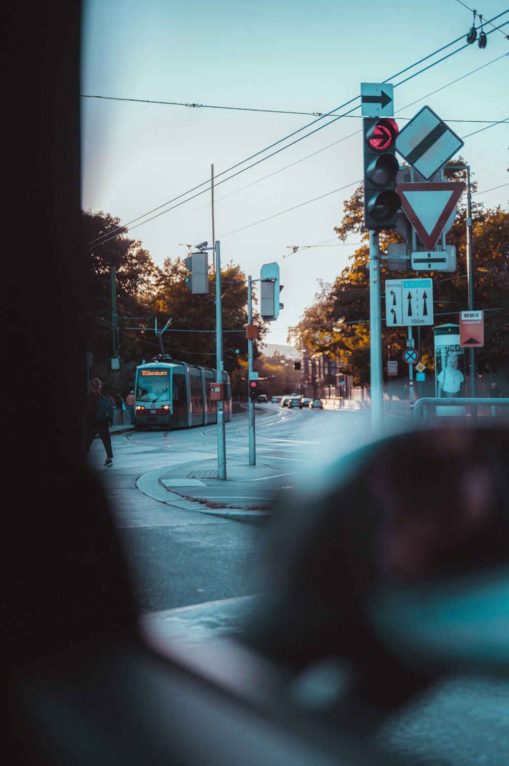 a view of a city street from a vehicle