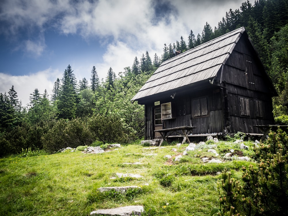 Schwarzes und graues Haus neben grünen Bäumen am Tag