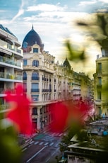 a blurry photo of a building with a red flower in the foreground