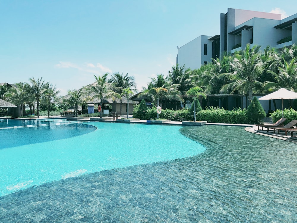 big green swimming pool near white building under blue and white skies during daytime