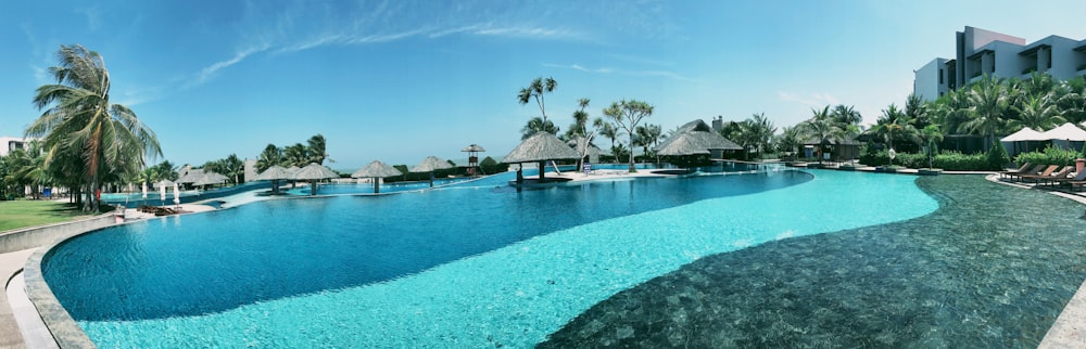 parasols at the side of swimming pool during day