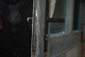 A close-up of a sturdy wooden front door with a brass handle, bathed in warm sunlight.