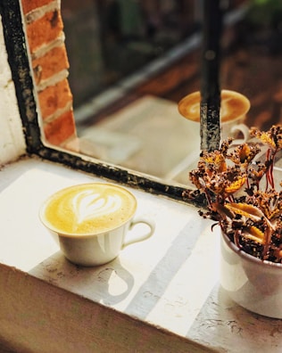 A sunlit morning coffee scene by a window with a small potted plant.