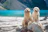 two adult golden and light golden retrievers on rock during day