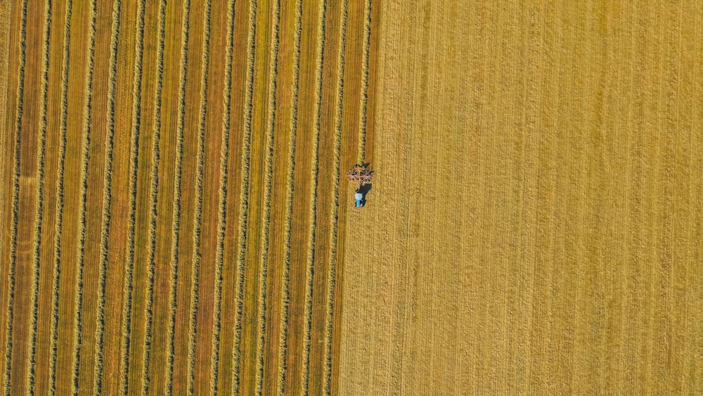 Una vista aérea del campo de un agricultor con un tractor en medio de