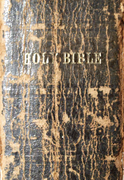 Close-up of hands holding a well-worn Bible with a blue and gold cover
