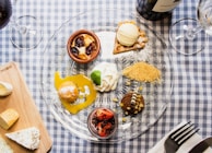 Elegant dessert options served on an airplane.