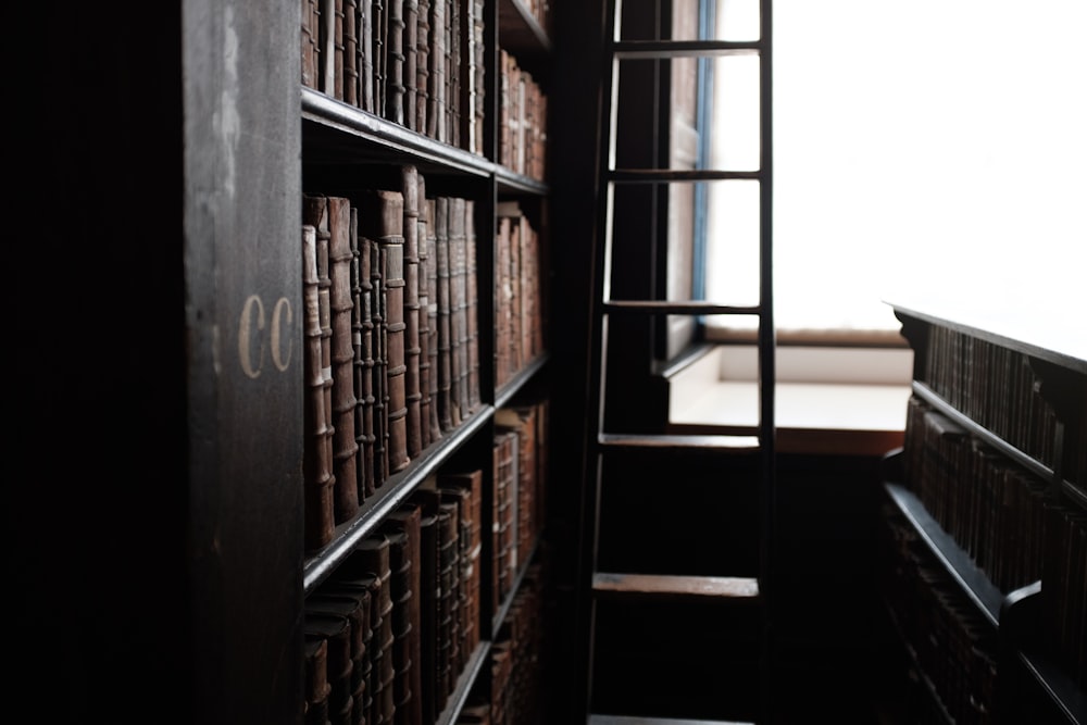 different books in book shelf