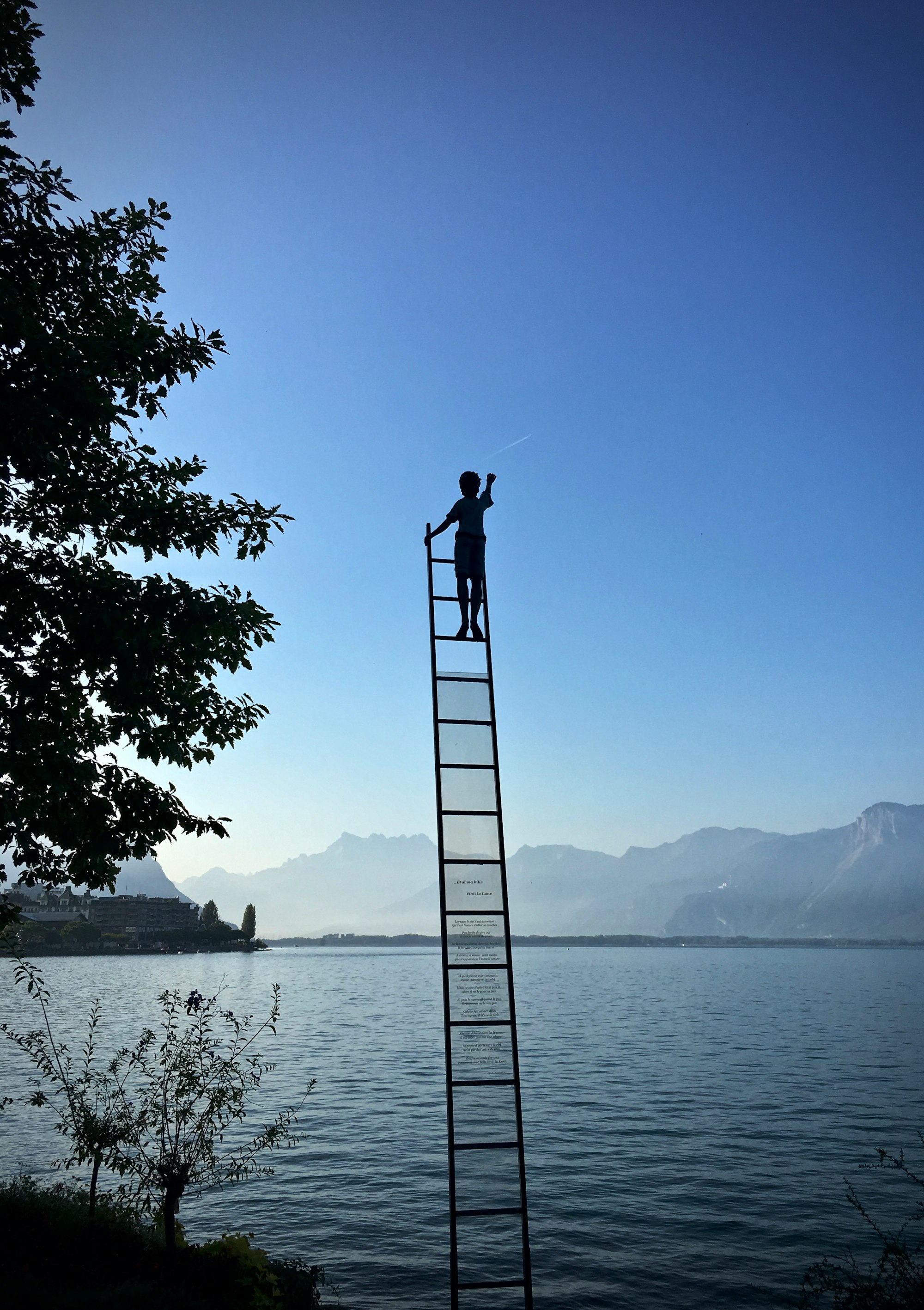 Man on a ladder over a lake