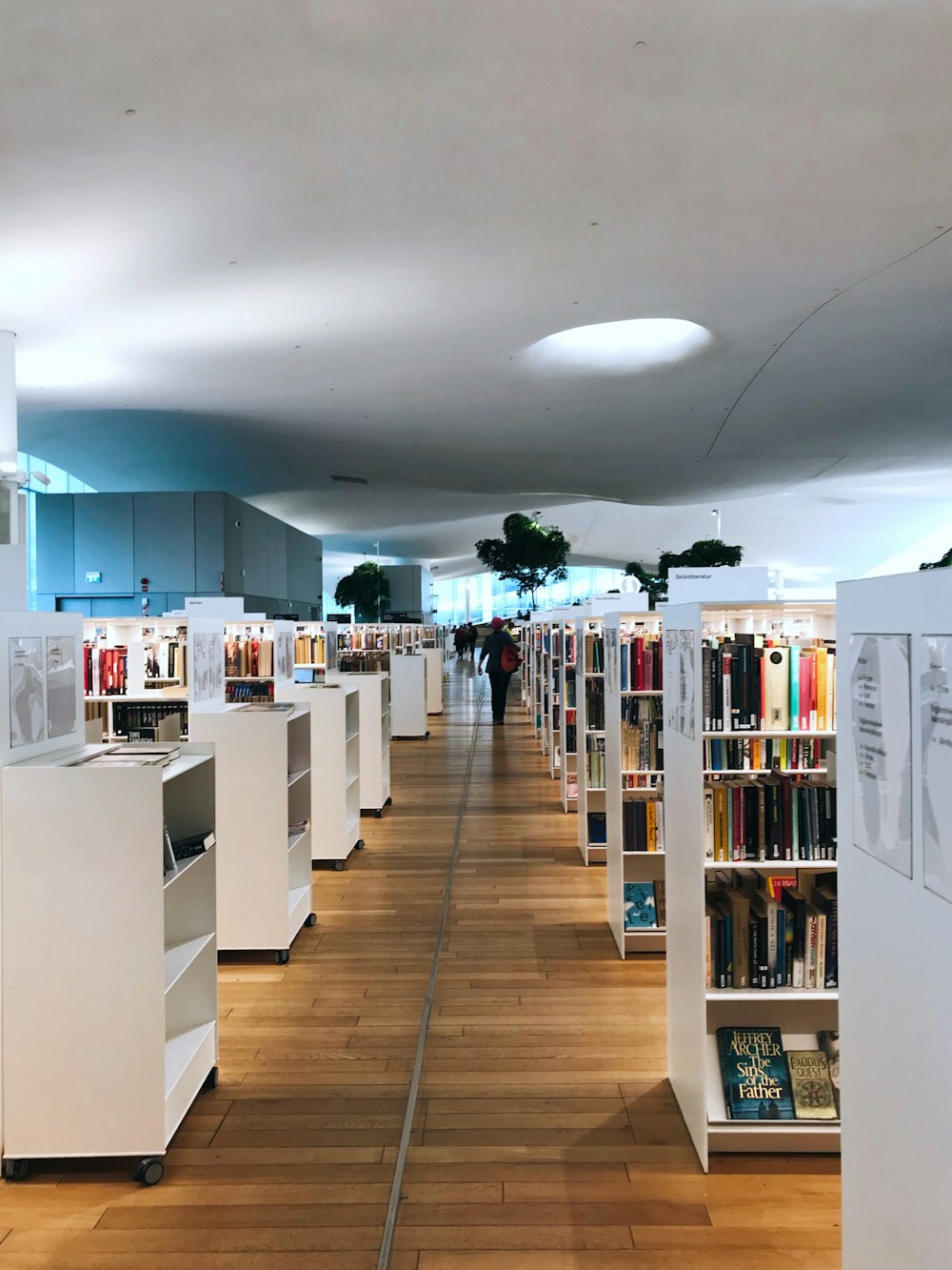 white wooden shelves with books