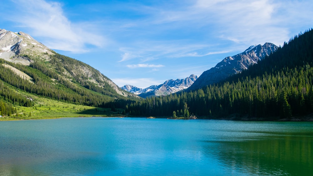 calm body of water surrounded by trees with the distance of mountains