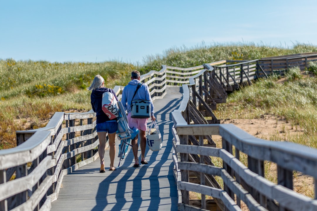 man and woman walking on wooden bridge besides grassland