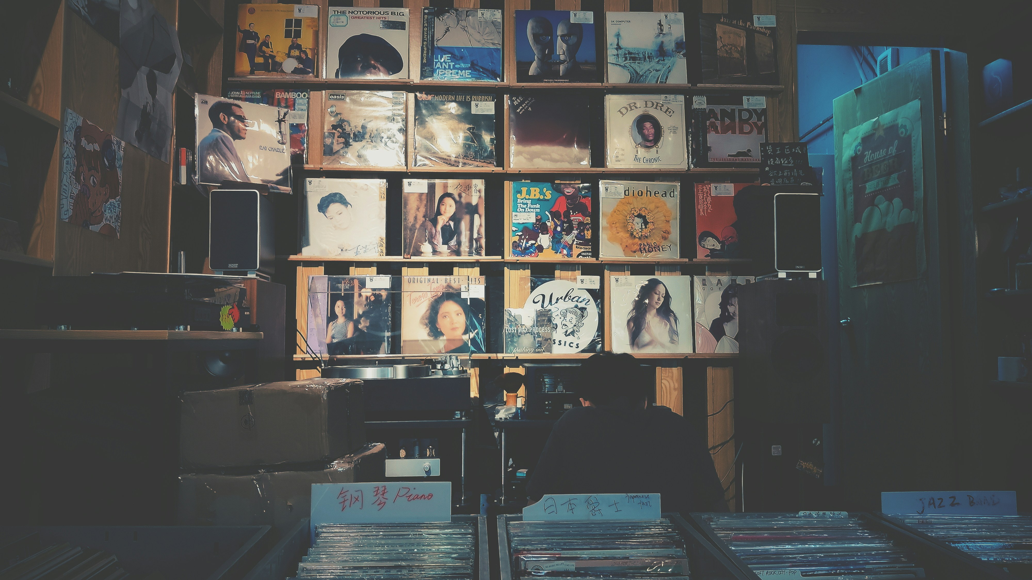 assorted-title record sleeve collection on wall