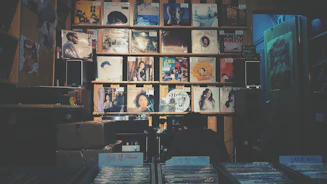 assorted-title record sleeve collection on wall