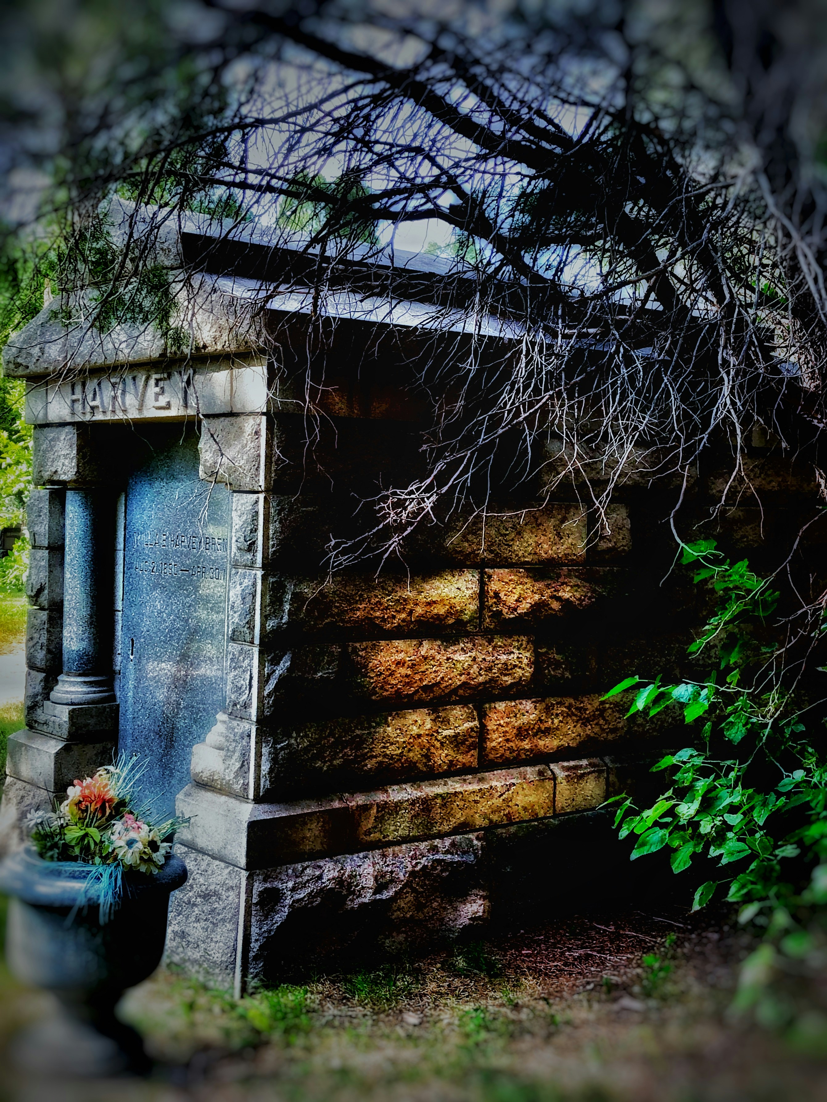 brown brick Harvey grave stone