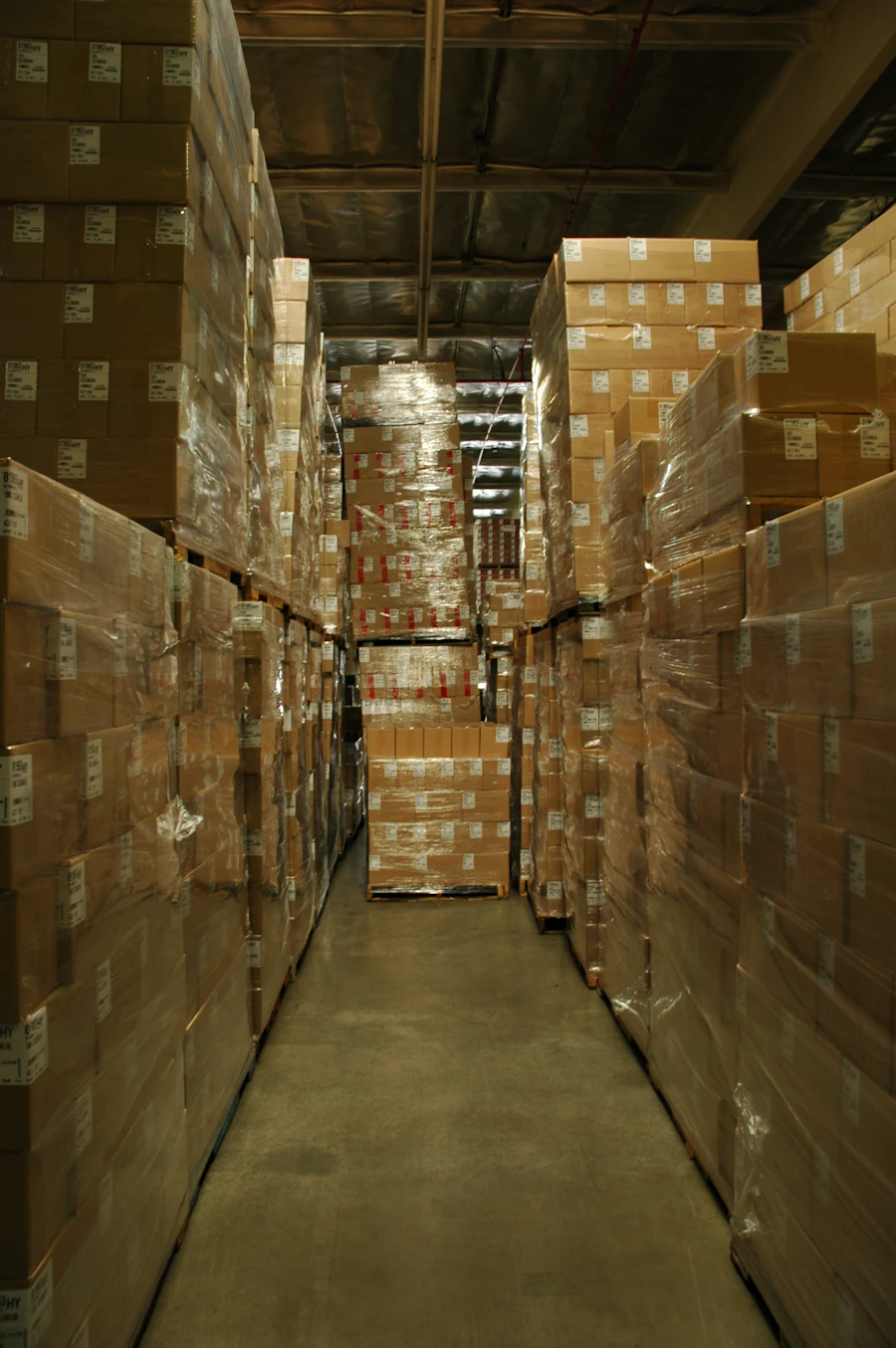 Packed almond cartons in a warehouse