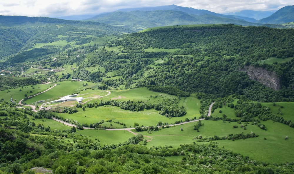 aerial view of green grass and hill