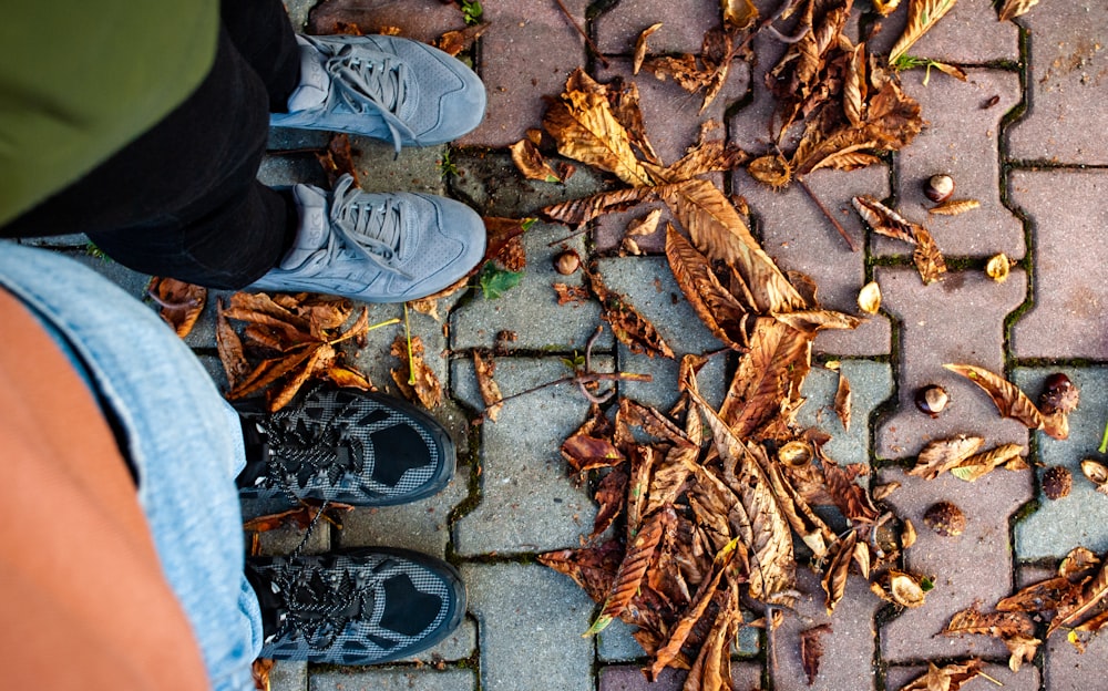 two person wearing blue and black sneakers