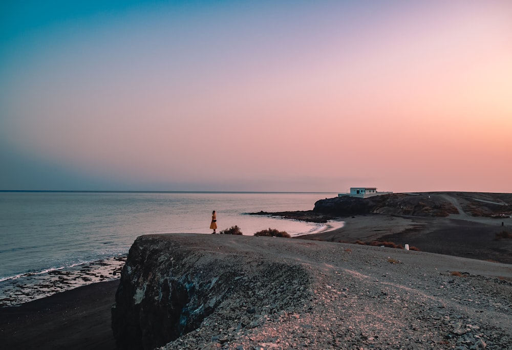 person standing on seashore rock