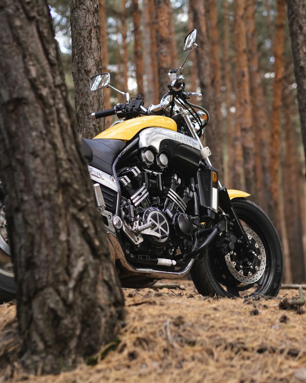 Photo de mise au point peu profonde de moto noire et jaune