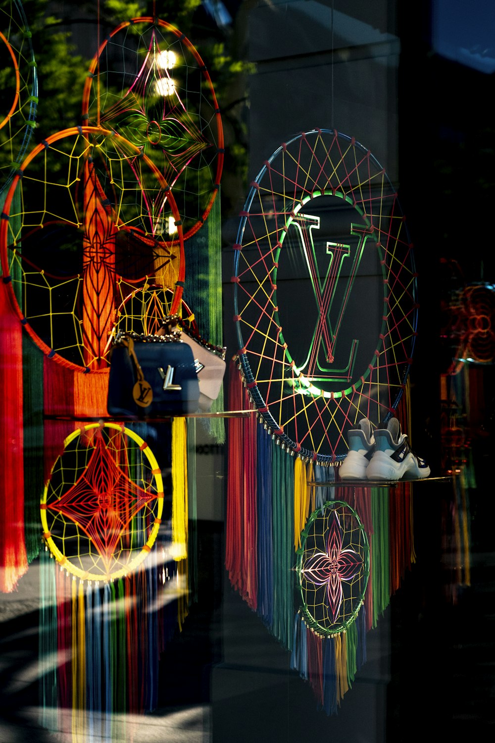 a window display with a variety of colorful objects