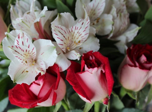 A bouquet of flowers with vibrant red roses and delicate white lilies with red accents surrounded by green leaves.