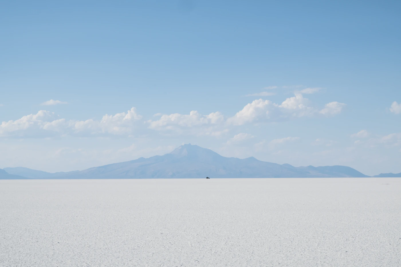 Couple in elopement attire on the Bolivian salt flat in the early morning light during the wet season with the reflection visible