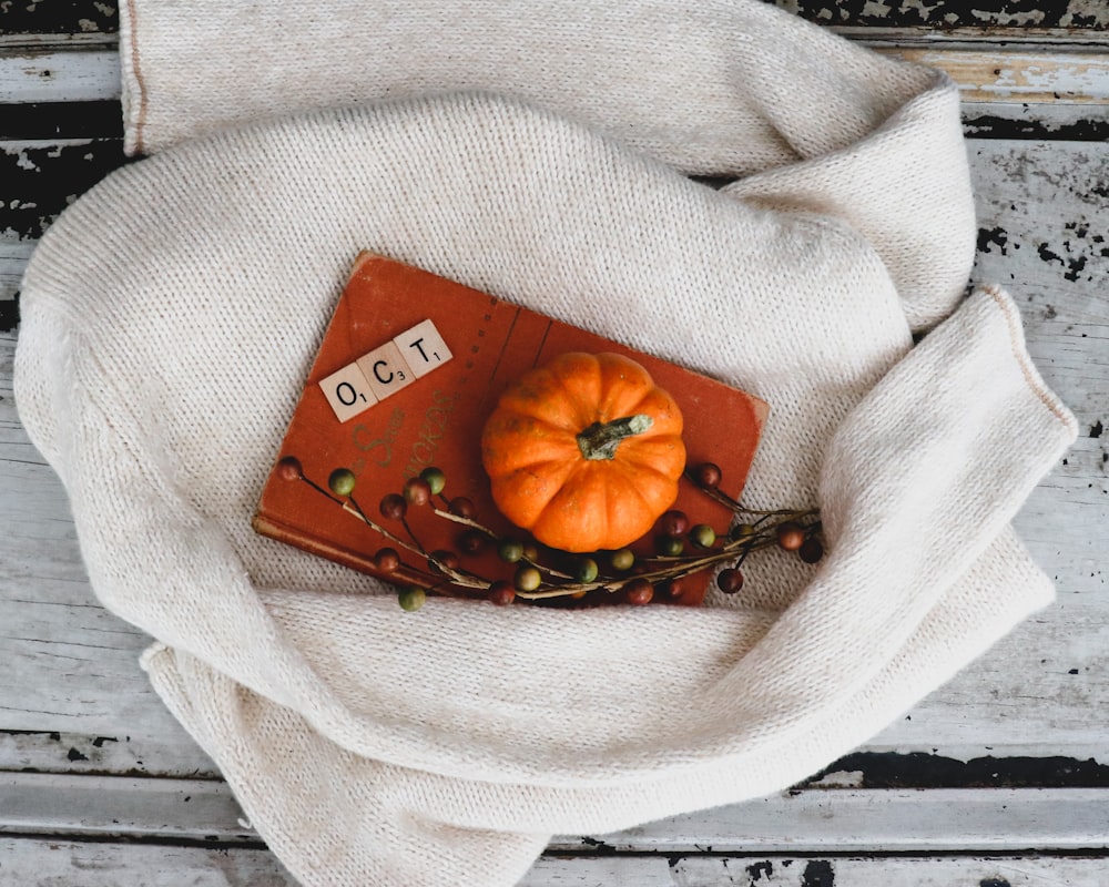 round orange pumpkin card on gray apparel
