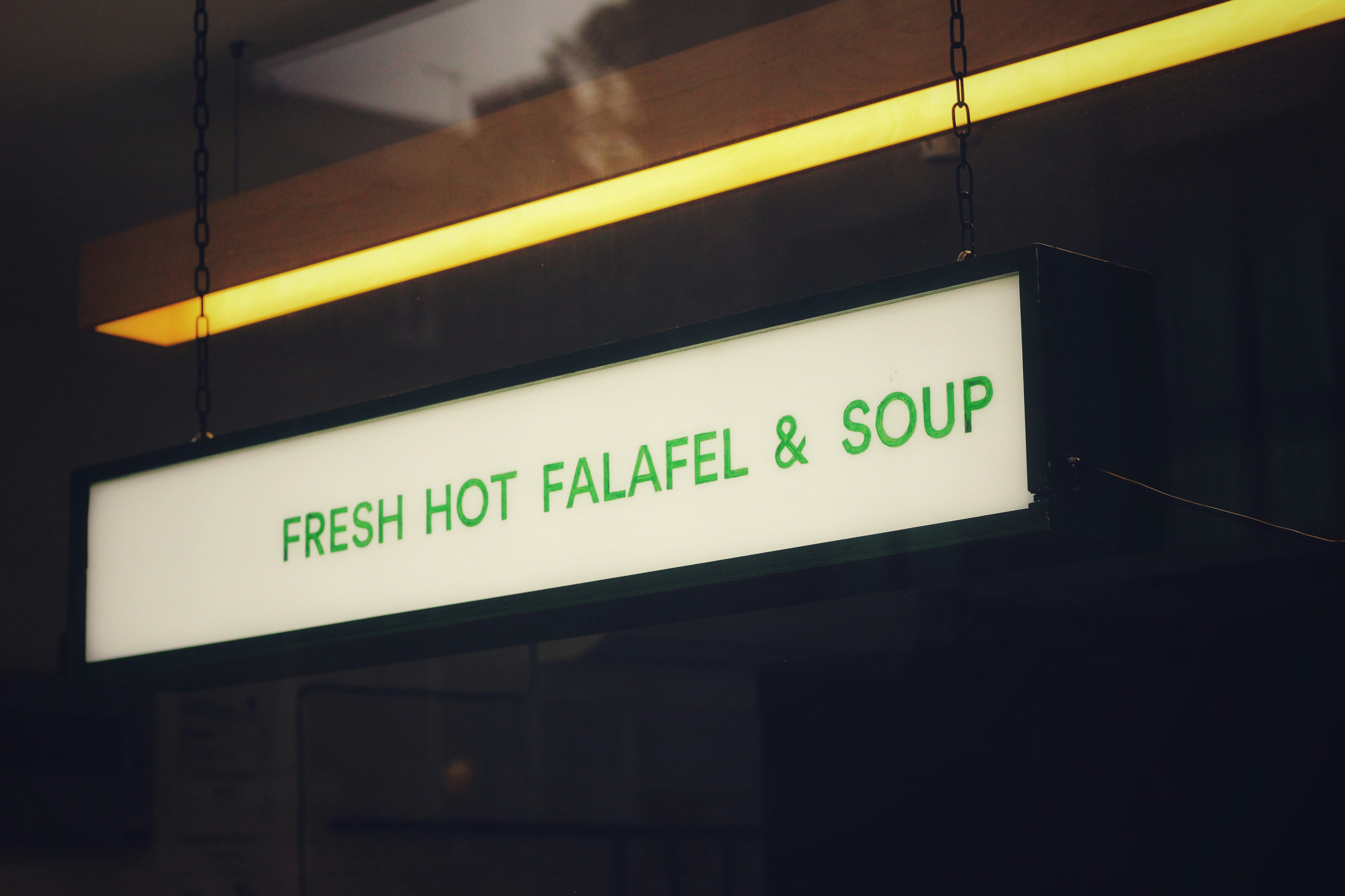 fresh hot falafel and soup neon signage
