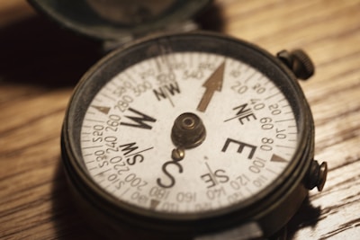A vintage compass with a white dial displaying cardinal directions is placed on a wooden surface. The compass needle is prominently visible, and intricate directional markings are clearly detailed around the dial.