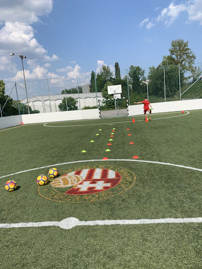 A male football player practicing solo drills with cones on an urban street pitch at dusk.