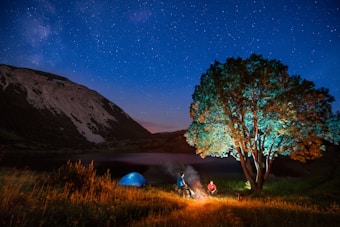 A serene nighttime camping scene featuring two people sitting by a brightly lit campfire under a large tree. A blue tent is set up nearby, and the scene is set against a backdrop of a star-filled sky and mountainous terrain. The campfire casts a warm glow, contrasting with the cool blue tones of the night.