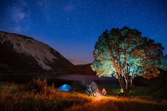 A serene nighttime camping scene featuring two people sitting by a brightly lit campfire under a large tree. A blue tent is set up nearby, and the scene is set against a backdrop of a star-filled sky and mountainous terrain. The campfire casts a warm glow, contrasting with the cool blue tones of the night.