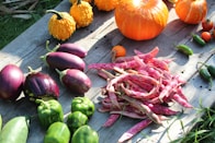 orange pumpkins with eggplants and bell peppers