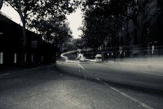 A long exposure photograph of an urban street at night, featuring blurred light trails from passing vehicles. The scene is framed by tall trees and brick buildings, with dim street lighting casting shadows.