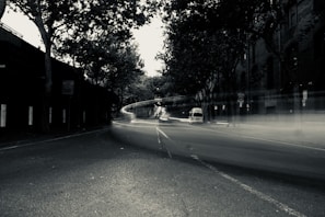 A long exposure photograph of an urban street at night, featuring blurred light trails from passing vehicles. The scene is framed by tall trees and brick buildings, with dim street lighting casting shadows.
