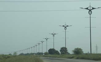 A series of uniquely designed power poles are aligned along a road surrounded by green grass and sparse trees under an overcast sky. The poles have distinctive, modern shapes that differentiate them from traditional utility poles.