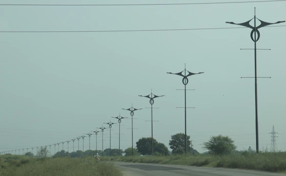 Two reinforced concrete poles installed side by side on a rural road.