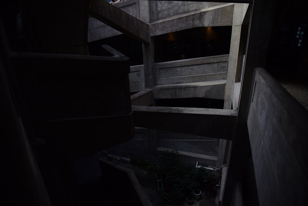 a very dark room with a bunch of stairs