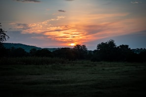 Concept art showing a fantasy landscape in warm sunset hues, ready for future story scenes.