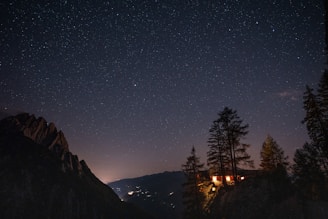 Starry night sky above the cabin, highlighting the peacefulness of the remote natural setting.