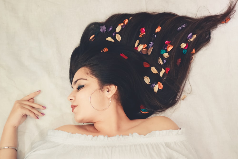 petals on woman's hair