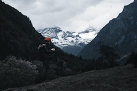 A person wearing an orange hat and winter gear stands on a grassy hill, holding a camera. The background features a majestic view of snow-capped mountains under a cloudy sky, surrounded by dense forests. The scene conveys a sense of adventure and solitude in a natural setting.
