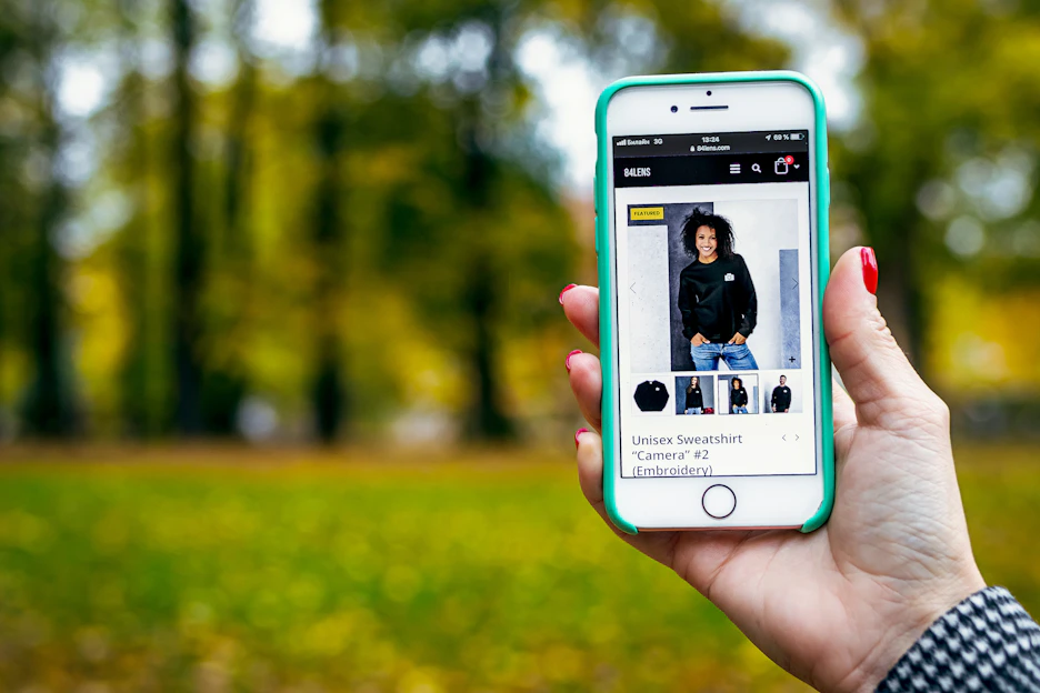 A vibrant online shopping scene showing diverse products with clickable embedded links on a digital device screen.