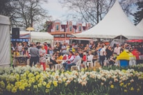 A lively outdoor market with people gathered around various stalls, including a henna tattoo booth and food stands. The setting is festive with colorful decorations and large tents. People are seated on white chairs, engaging in conversation and enjoying the sunny weather. In the foreground, a bed of vibrant yellow and white flowers can be seen, adding to the cheerful atmosphere.