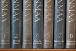 A row of nine vertically arranged books with dark, textured covers, each labeled with numbers and location names in an elegant serif font. The titles appear to be in a consistent style with gold embossing, providing a classic and scholarly appearance.